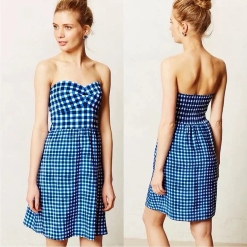 Anthropologie Blue & White Gingham Strapless Dress (Cotton / Silk) Petite 0